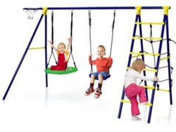 Juego Columpio Jardin Exterior 5 en 1, 2 Columpios, 1 Aro de Baloncesto, 1 Red de Escalada, 1 Escalera, 295 x 138 x 176,5 cm COSTWAY