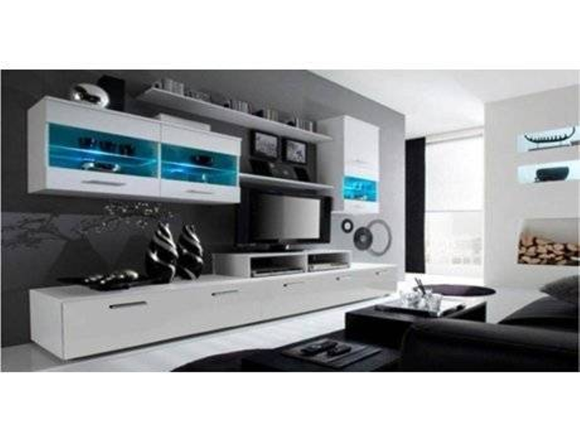 Mueble Salón Comedor Moderno Con Leds, Acabado En Blanco Mate Y Blanco Brillo Lacado,  250x42x194cm
