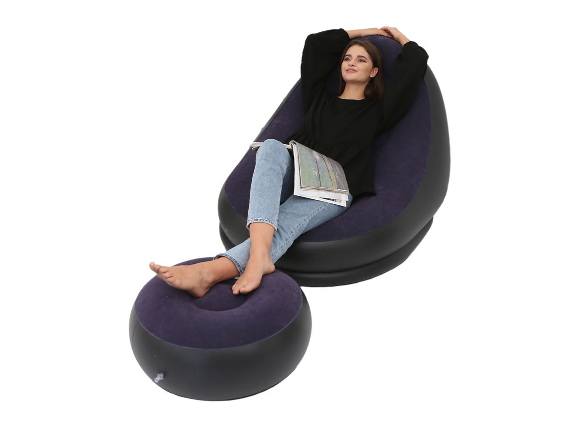 Silla Plegable Inflable De Pvc Flocado Cómoda Con Reposapiés Para Camping, Viajes Al Aire Libre, Azul, Morado