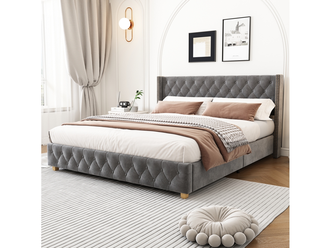 Cama De Terciopelo Gris De 140x190 Cm Con Remaches