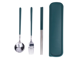 Juego De Cubiertos De Acero Inoxidable De 3 Piezas Con Tenedor, Cuchara Y Palillos Para Cocina/oficina - Verde/plata