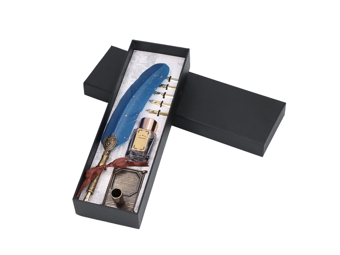 Elegante Pluma De Caligrafía Retro Con Punta Reemplazable, Estuche De Regalo, Azul Pavo Real.