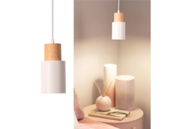Lámpara colgante Kira de metal blanco y madera, estilo escandinavo y moderno, E27, Alpinaluz