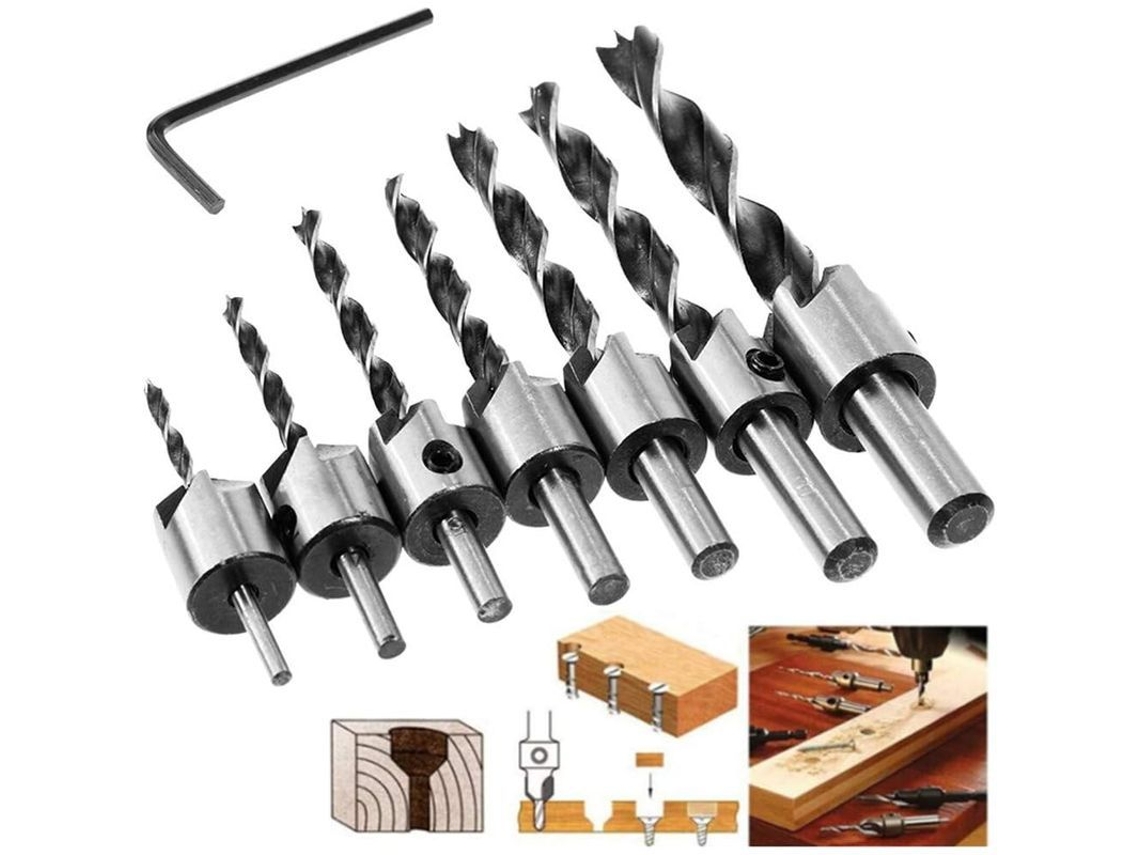 Set De Brocas Countersink Hss 5 Canales, 7 Tamaños 3-10mm, Ajustable, Para Madera Metal Plástico