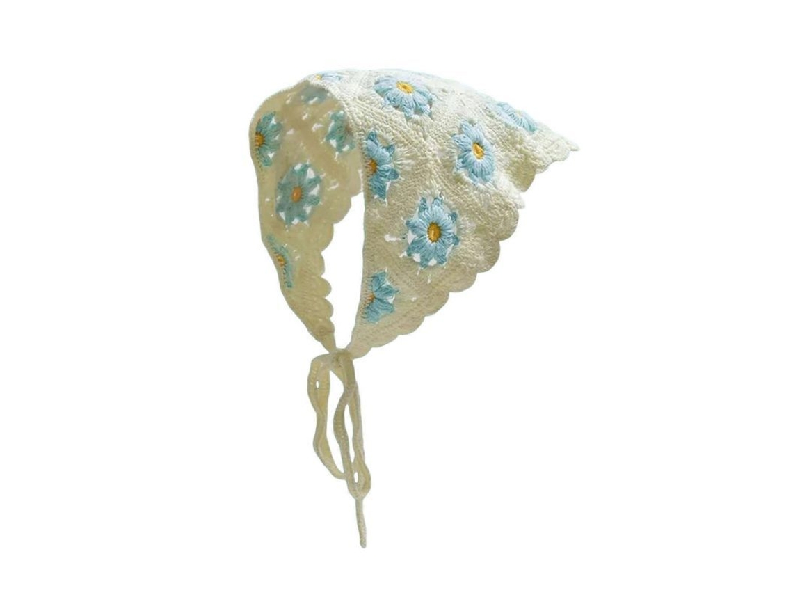 Diadema de ganchillo de estilo francés para niñas, modelo 2026, con estampado floral y cierre de cordón.