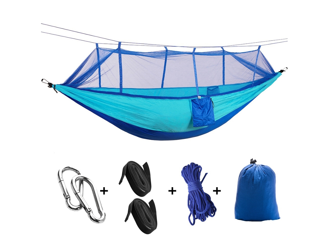 Hamaca De Camping Ligera Con Mosquitera Anti-enrollamiento, 260x140cm, Azul Y Azul Cielo.