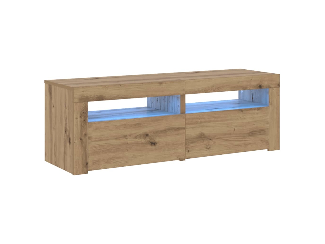 Mueble de TV con luces LED elaborado en madera de roble artesanal.