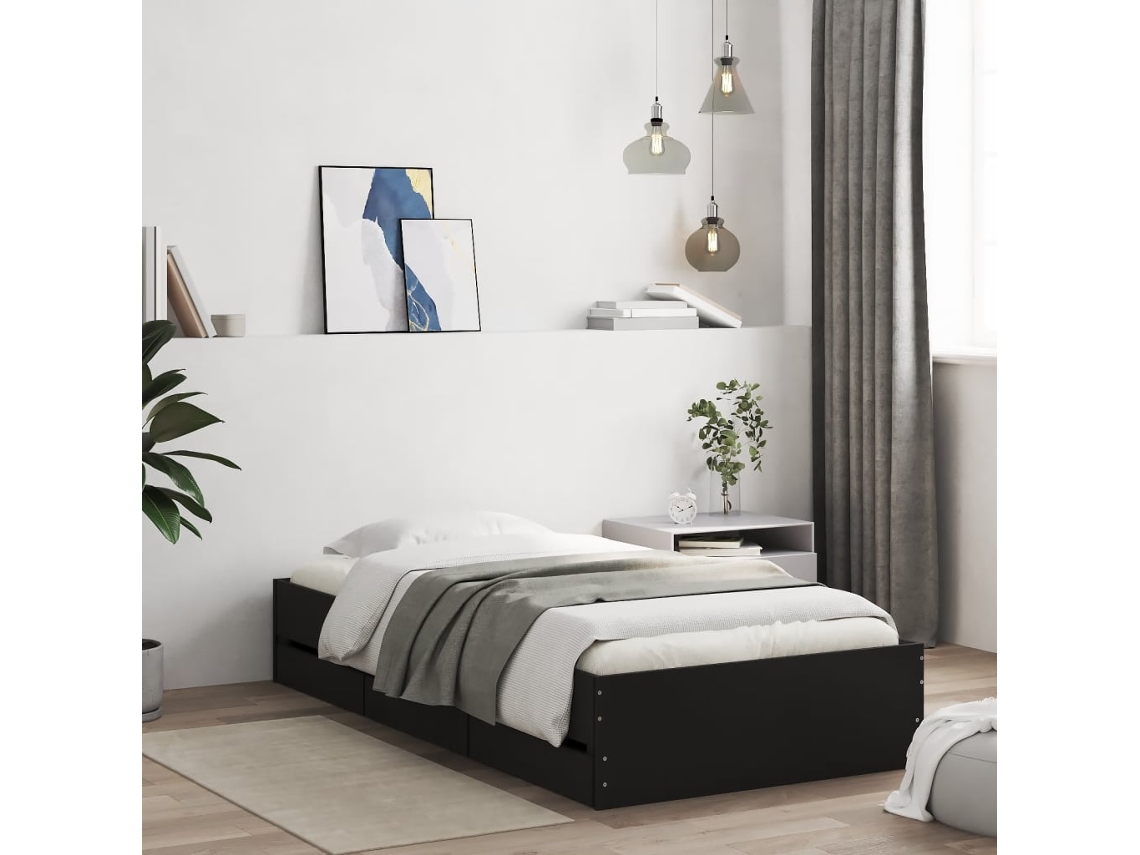 Cama Con Cajones Madera De Ingeniería Negro 100x200 Cm