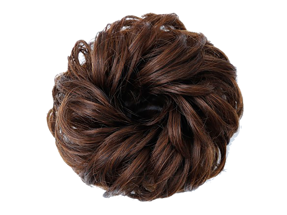 Peruca feminina elegante com coque cacheado e volumoso, modelo 2026, na cor castanho claro.