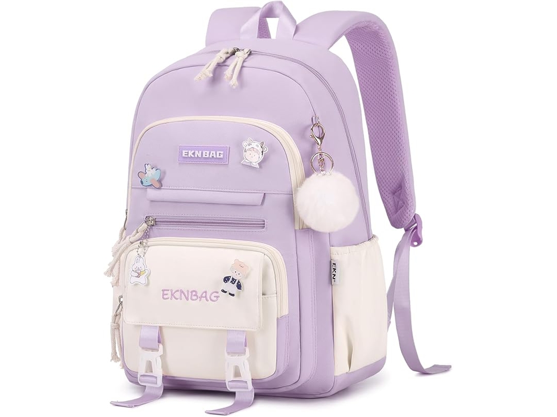 Mochila Escolar Para Primaria - 21 Litros - Diseño Kawaii Con Colgante - Nylon Ligero - Morado