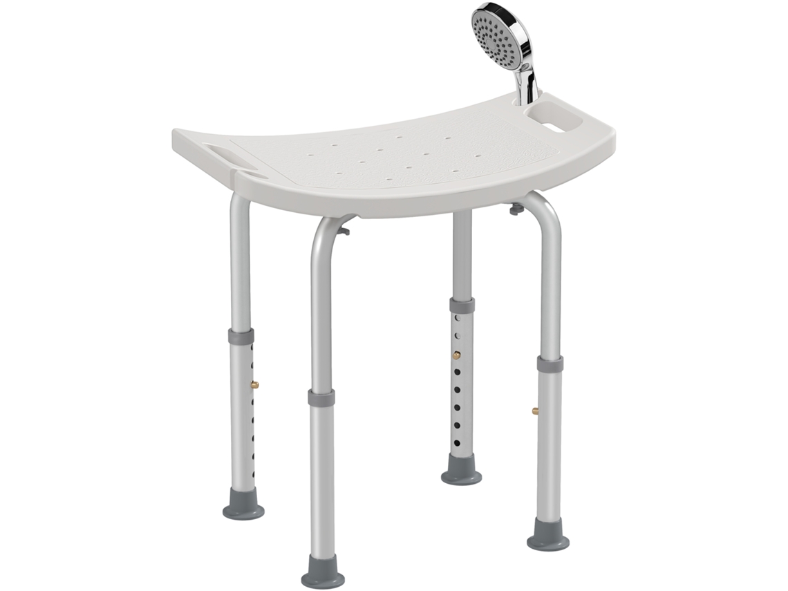 Taburete de ducha con altura regulable, ergonómico, con patas antideslizantes, soporta hasta 136 kg, fabricado en aluminio y HDPE, color blanco.