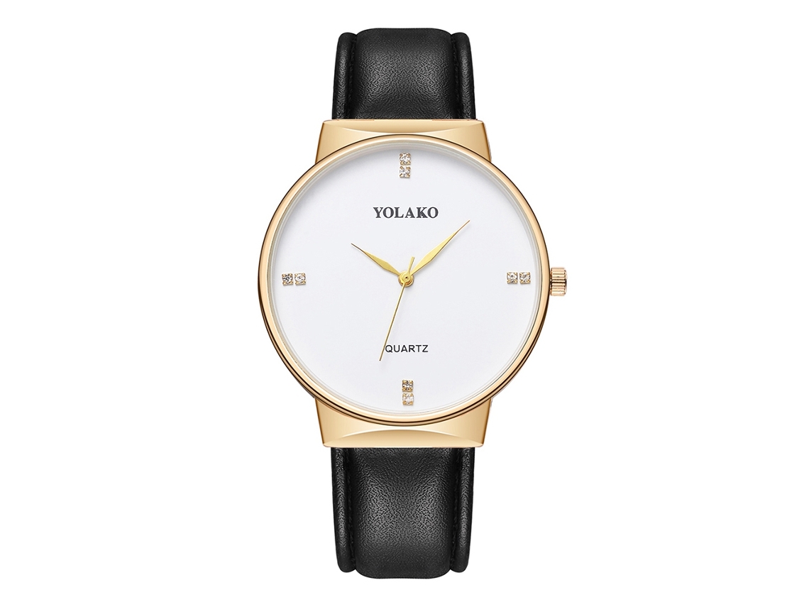 Reloj De Pulsera Unisex De Cuarzo Yolako Con Correa De Pu Negra Y Caja Dorada