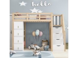 Cama Alta 90 X 200 Cm - Madera Maciza Multifuncional Con Cajones, Estantería Múltiple Y Escalera Segura Con Almacenamiento - Natural