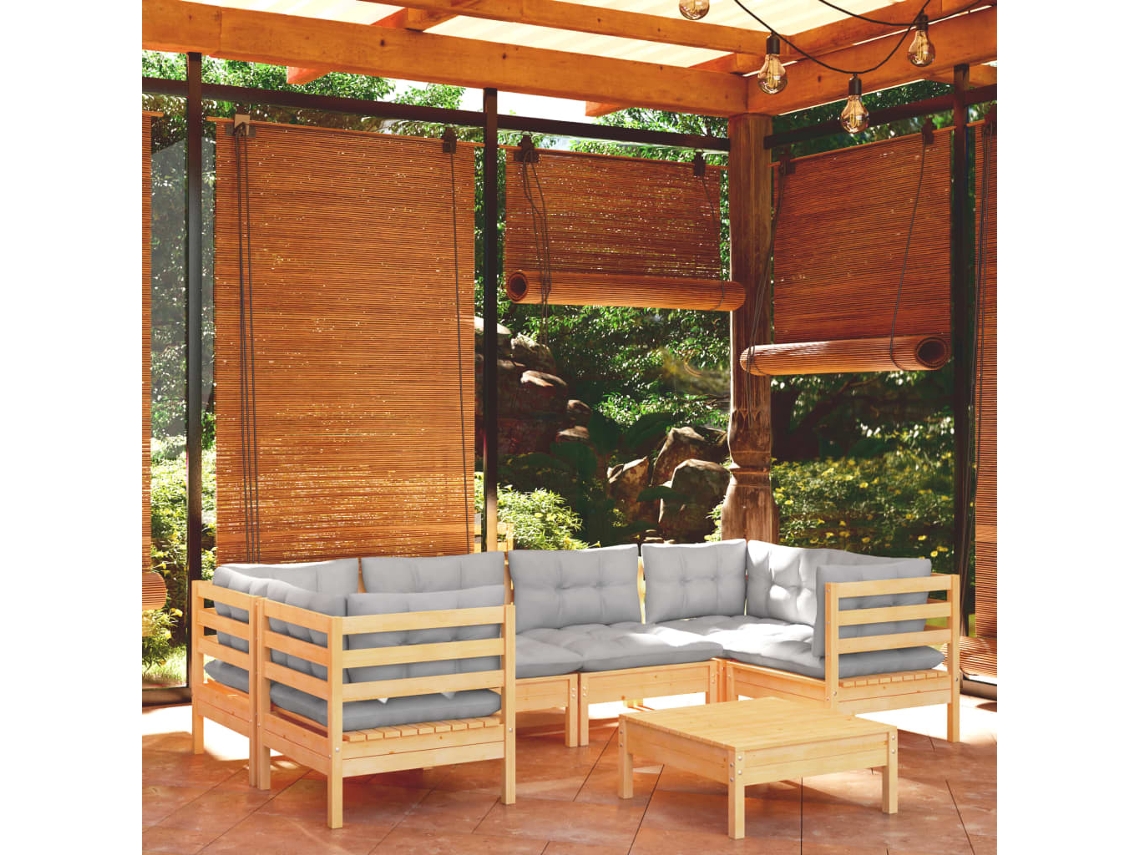 7 Piezas Conjunto Lounge De Jardim C/ Almofadões Cinzentos Pinho Dkd Home Decor
