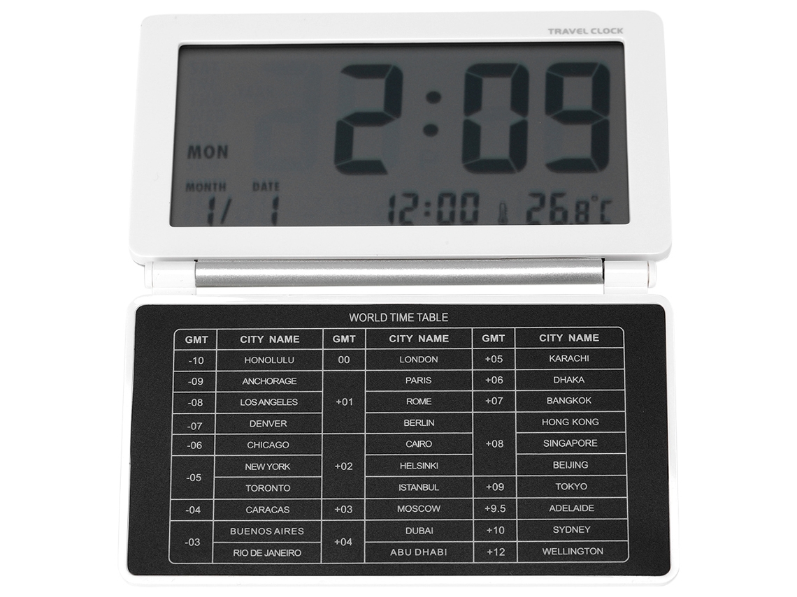 Despertador portátil plegable con temperatura y calendario blanco