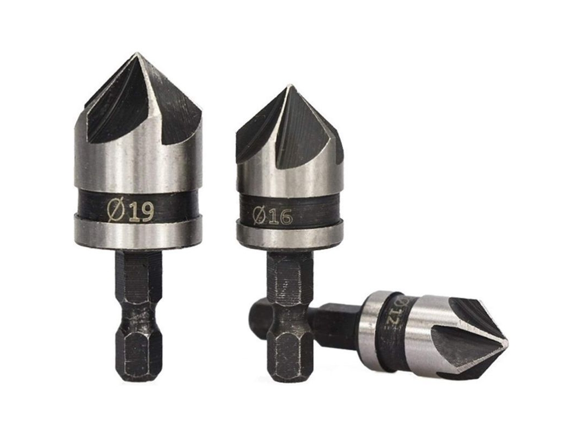 Juego De Brocas De Chaflán De 5 Hojas Y 82 Grados De 1/4 De Pulgada (3 Piezas) De Acero Al Carbono De 12 Mm, 16 Mm Y 19 Mm.