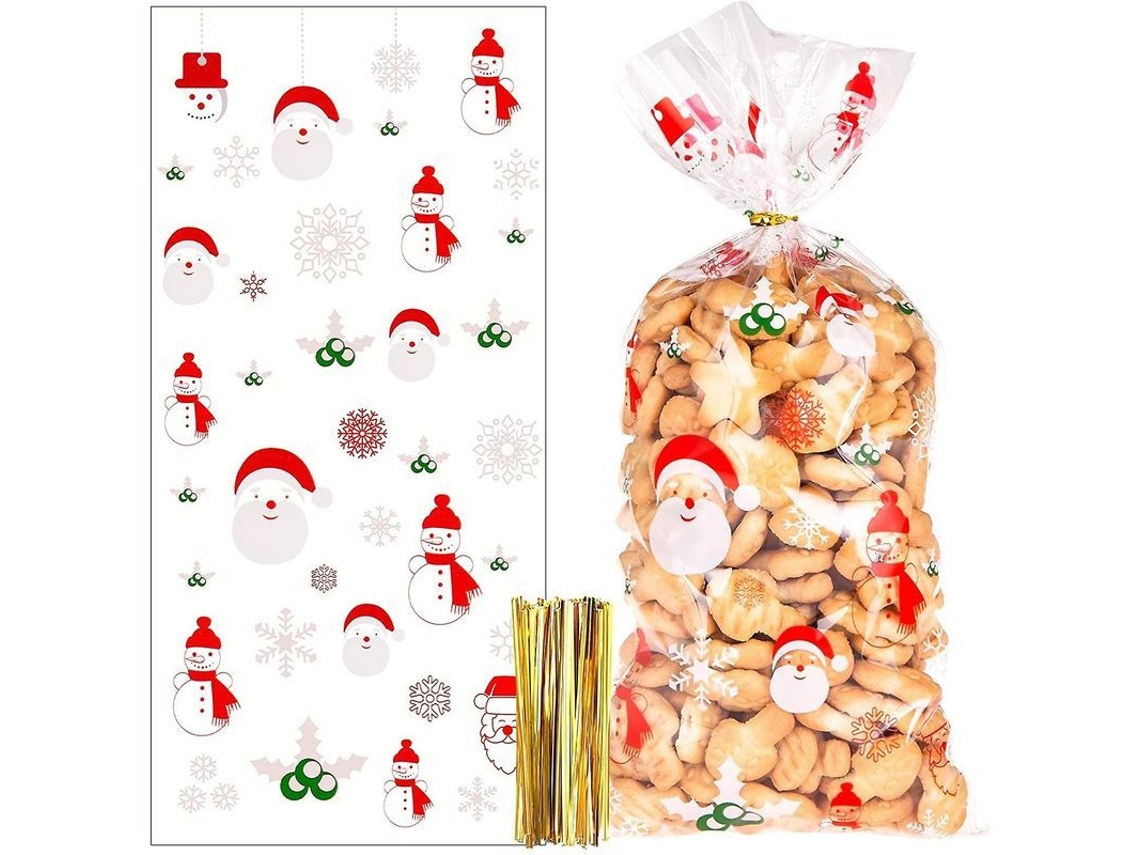 100 Sacolas de Biscoitos Doces Natalinas 2025 com 100 Laços, Plásticos Transparentes para Festas de Natal