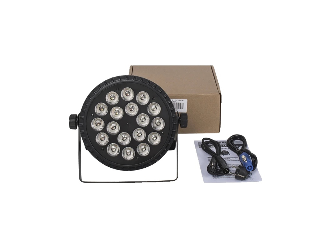 Foco LED plano tipo Par, RGBW y RGBWA+UV, control DMX, 8 unidades de 18x12W, enchufe europeo.