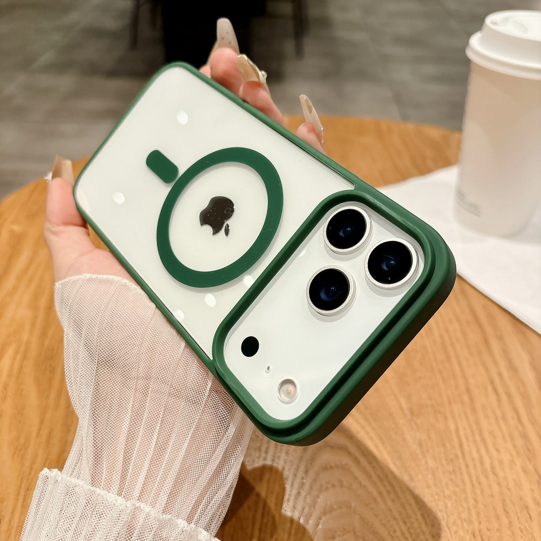 (verde Oscuro, Iphone 15 Pro Max) Funda Sencilla De Acrílico Transparente Para Teléfono, Compatible Con Carga Inalámbrica Magnética, Textura Mate.