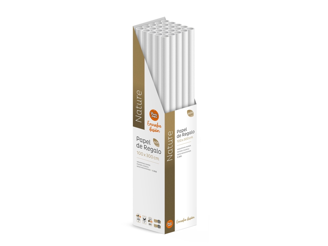 Pack 25 Rollos Papel De Regalo Kraft Blanco Verdejurado 3m X 1m Ecológico, Caja Expositora, Acabado Natural, Resistente, Listo Para Tienda, Embalaje Regalos Tiendas Comercios - Fp Fiesta Paper