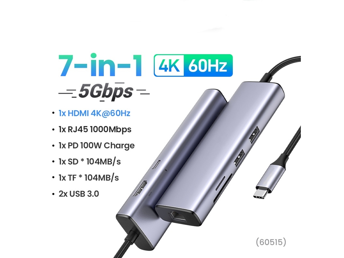 Estación de acoplamiento USB C Yizhood 4k60hz 7 en 1 tipo C a HDMI Pd100w Sdtf Rj45 USB3.0 5gbps para MacBook USB gris