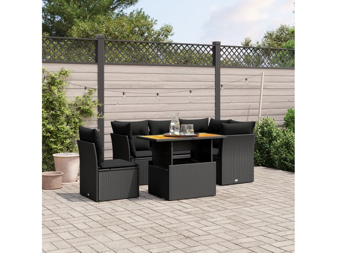 Conjunto de sofá de jardín de 5 piezas con cojines de mimbre sintético negro, Dkd Home Decor