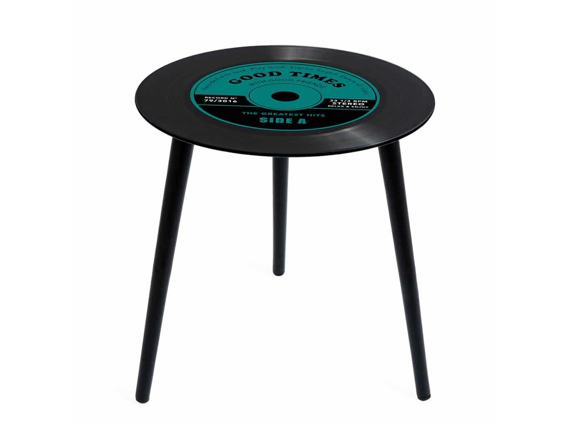 Mesa Lateral Pequena Redonda De Disco De Vinil, Vidro E Madeira, 41 X 40 Cm Balvi