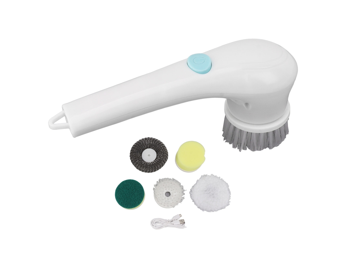 Cepillo de baño eléctrico portátil multifuncional Baok con 5 cabezales reemplazables, cepillo inalámbrico para platos, sofás, alfombras, cocina y baño.