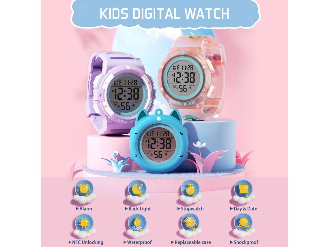 Relógio digital 2026rebe para meninos e meninas, à prova d'água até 50 metros, kit faça você mesmo com 3 capas, 2 pulseiras e desbloqueio NFC.