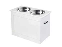 Comedero Elevado Blanco Para Perros Y Gatos Con Almacenamiento, 2 Cuencos Inox De 2000 Ml, Estación De Alimentación Y Bebedero.