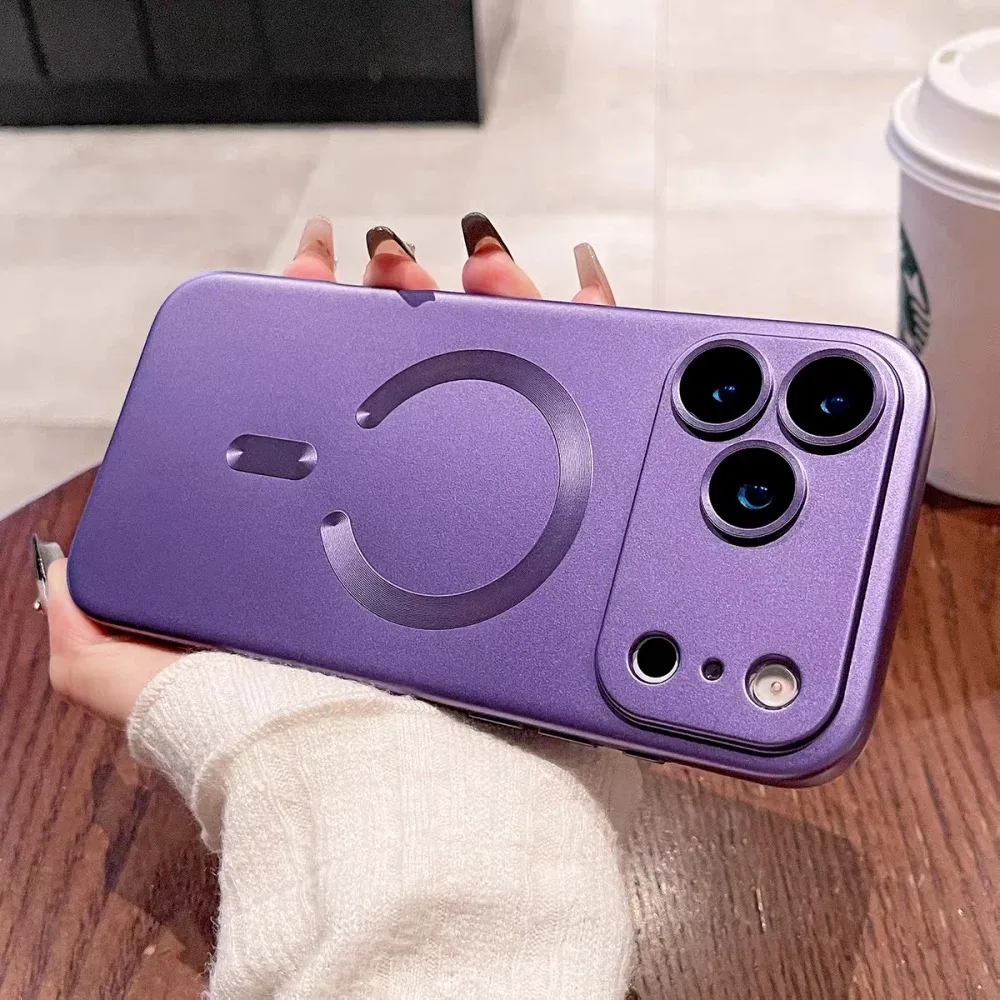 (morado Oscuro Iphone 16 Pro) Lujosa Funda Metálica Magnética Para Iphone Con Soporte Para Carga Inalámbrica.