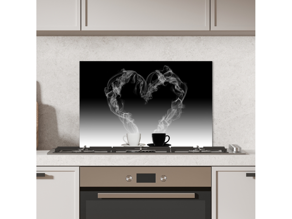 Panel Antisalpicaduras Cocina Café - Corazón - Blanco Y Negro - Tazas 70x50 Cm