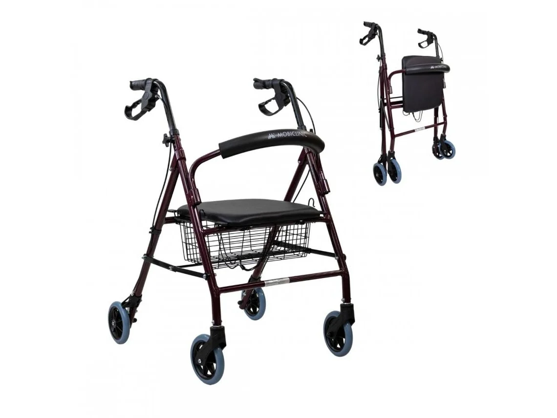 Andador para Ancianos MOBICLINIC Plegable Freno Manual Y Bloqueable Aluminio Cesta Ligero Y Resistente Burdeos Escorial