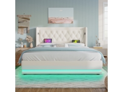 Cama Doble 160x200cm Pu, Hidráulica, Usb-c, Led 3 Lados, Cabecero Acolchado, Almacenamiento, Robusta 300kg, Sin Colchón, Blanco