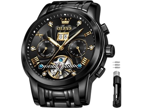 VEANXIN Reloj Tourbillon luminoso de acero inoxidable con fase lunar, mecánico, automático, hueco, resistente al agua, para hombre(negro)