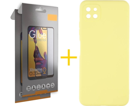 Funda y Protector 2x de Vidrio Full Samsung Galaxy A22 5G SKYHE Silicona Líquida Amarillo