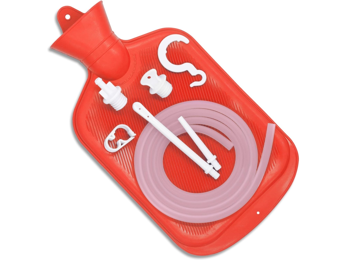 Bolsa de enema con tubo, punta, clip y gancho, con manguera de 1,5 m (2 litros)