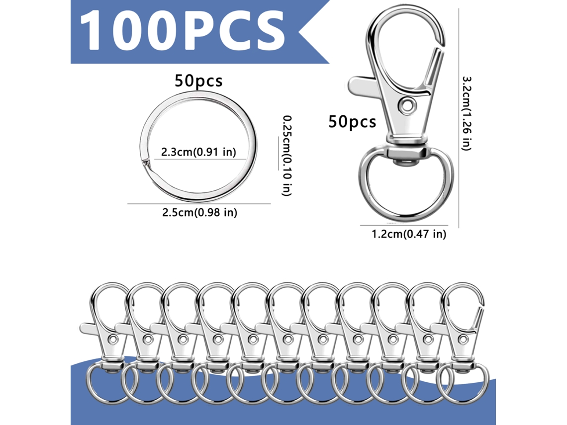 100 llaveros, 50 mosquetones y 50 llaveros (plateados) Chrui