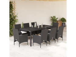 Conjunto 9 Piezas Jantar Jardim C/ Almofadões Vime Pe/vidro Preto Dkd Home Decor