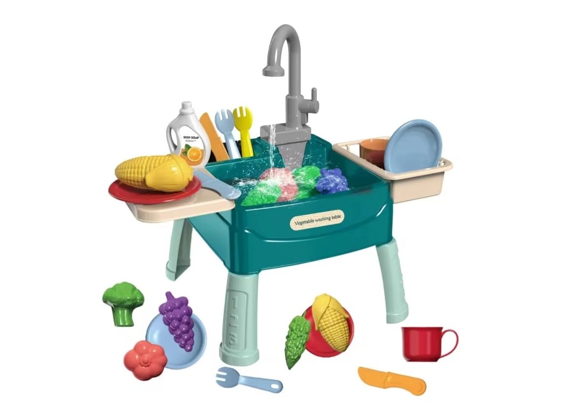 Juguete educativo infantil: Simulador de cocina, lavavajillas eléctrico con salida de agua para lavar verduras, Mdug (verde)