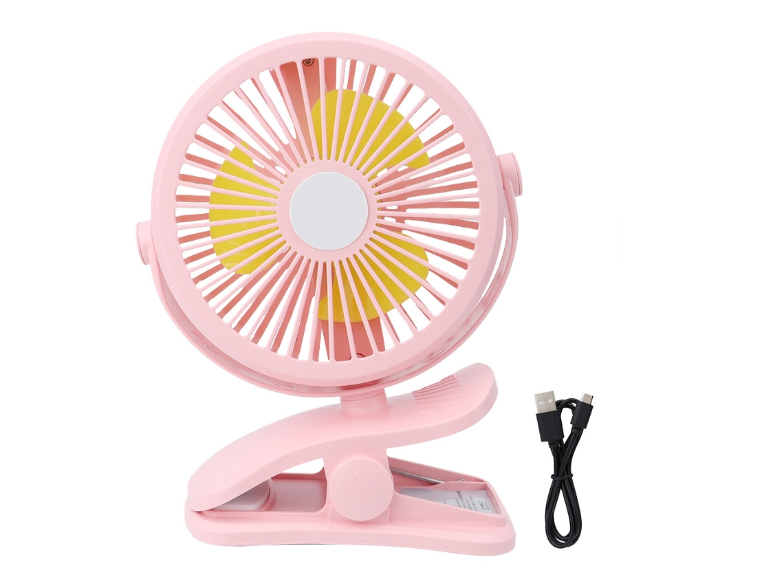 Mini ventilador USB con clip, rotación de 360° y luz nocturna rosa.
