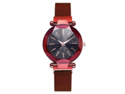 Reloj De Cuarzo Para Mujer Con Correa De Malla, Botón Magnético Y Esfera Redonda Roja.