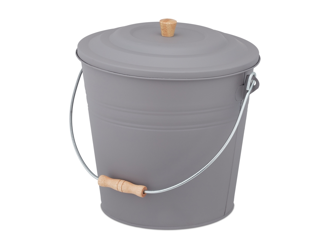 Relaxdays Cubo Cenizas Con Tapa, 12 Litros, Accesorio Chimenea, Bbq, Acero Y Madera, Contenedor Ceniza Con Asa, Gris
