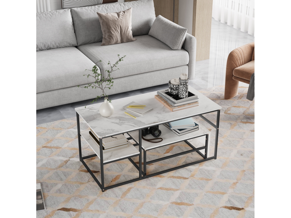 Conjunto De 2 Mesas De Centro - Mesa De Apoio Quadrada - Pés Pretos - Tampo Branco