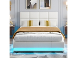 Cama Hidráulica Led 140x190 Cm Con Almacenamiento 35 Cm, Pu Blanca, Luces Led 16 Colores, Mecanismo Hidráulico Suave, Diseño Moderno