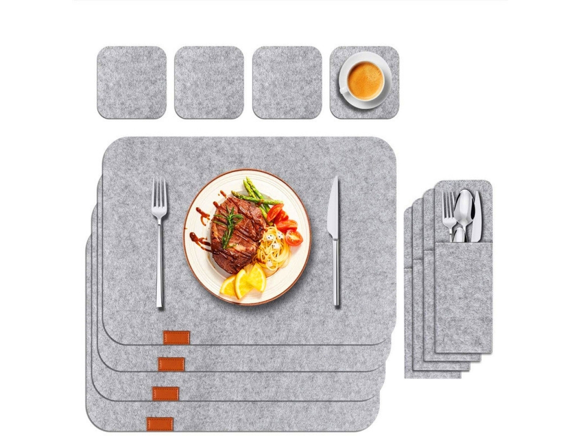 Mantel de fieltro con posavasos y bolsillos para cubiertos, lavable y resistente al calor para mesas, fiestas o restaurantes.