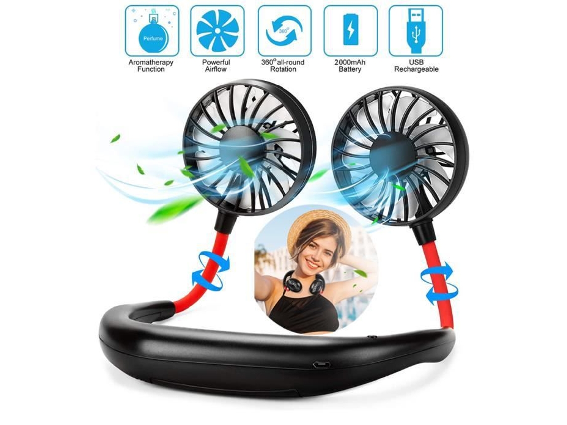 Mini ventilador de cuello USB portátil para aire acondicionado 3 velocidades ajustable Rotación de 360 ° Ventilador deportivo de doble cabezal con LED