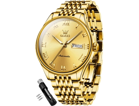 VEANXIN Reloj automático de acero inoxidable resistente al agua con calendario luminoso para hombre(oro)