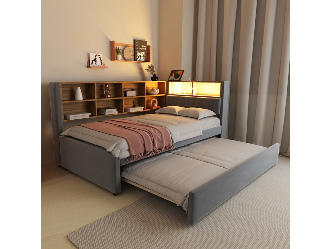 Sofá Cama 90x200, Cama Extraíble 90x190, Equipada Con Luces Led, Cama Tapizada, Cama Individual, Gris Oscuro.