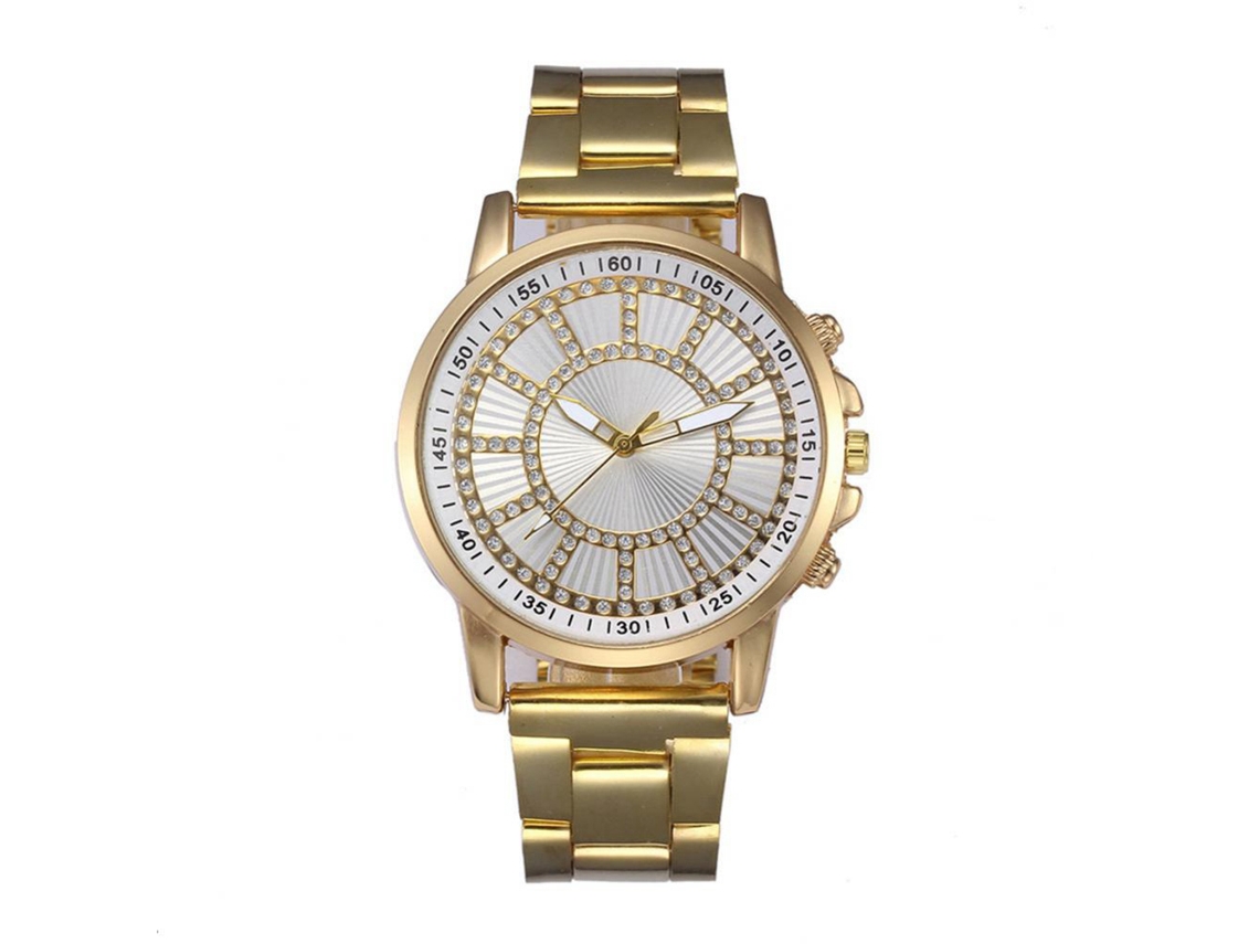 Reloj De Pulsera Analógico De Cuarzo Con Piedras Strass Para Hombre Y Mujer Oro Y Blanco